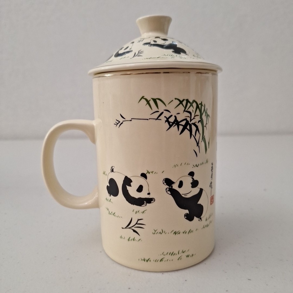 Vtg World Market 2pc Tea Mug W/ Lid Ceramic 5" Panda Bamboo Asia Coffee Cup - Picture 2 of 10